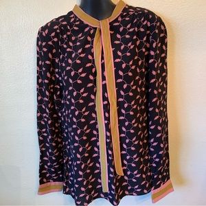 Boden Navy and Gold Long Sleeve Blouse with Tie Mandarin Collar Size 6
